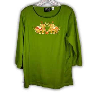 Bob Mackie Wearable Art Green Elephant Embroidered 3/4 Sleeve Top Women's Size L